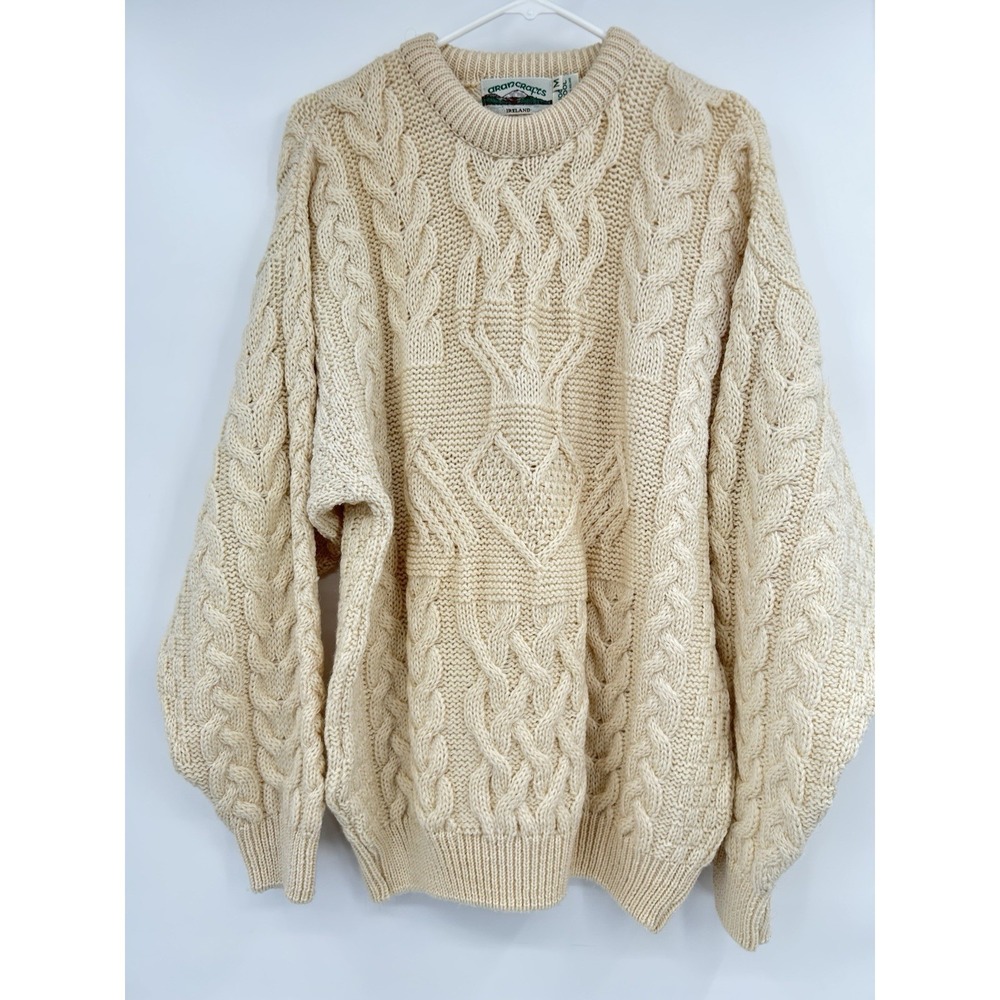 VTG Aran Crafts Mens Irish Wool Cable Knit Fisherman Sweater Sz M Ivory Chunky